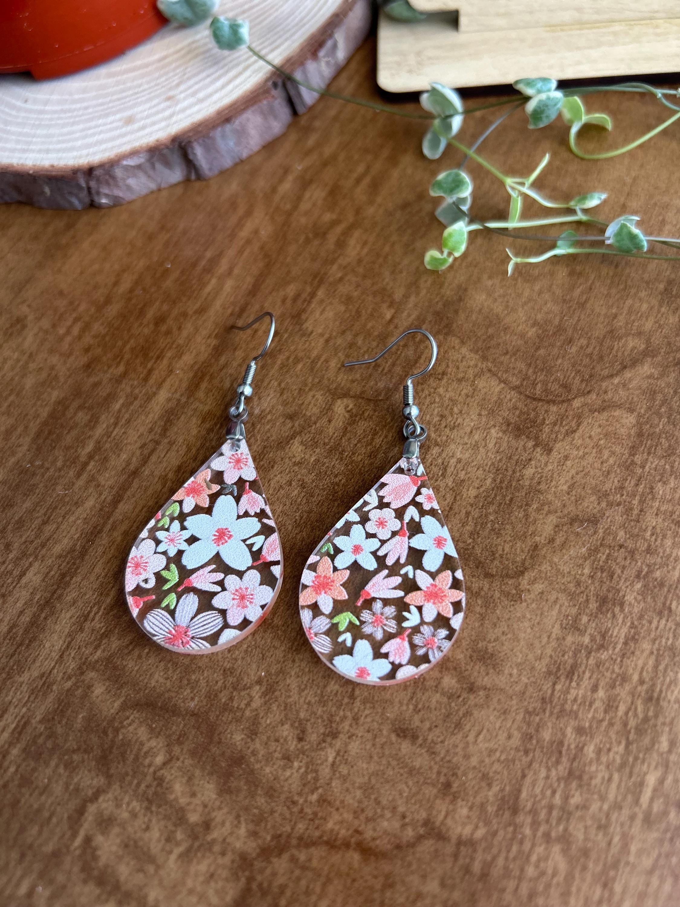 Pink Flower Earrings | Acrylic Statement | Dangle Earrings