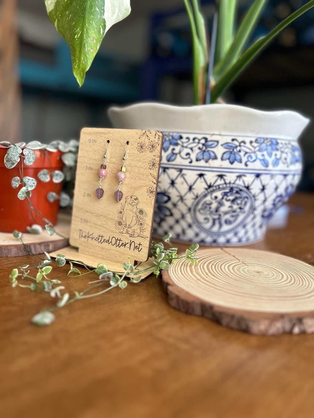 Leaf Dangle Earrings | Sun Stone Wire Wrapped Beads | Czech Glass Dangle Earrings