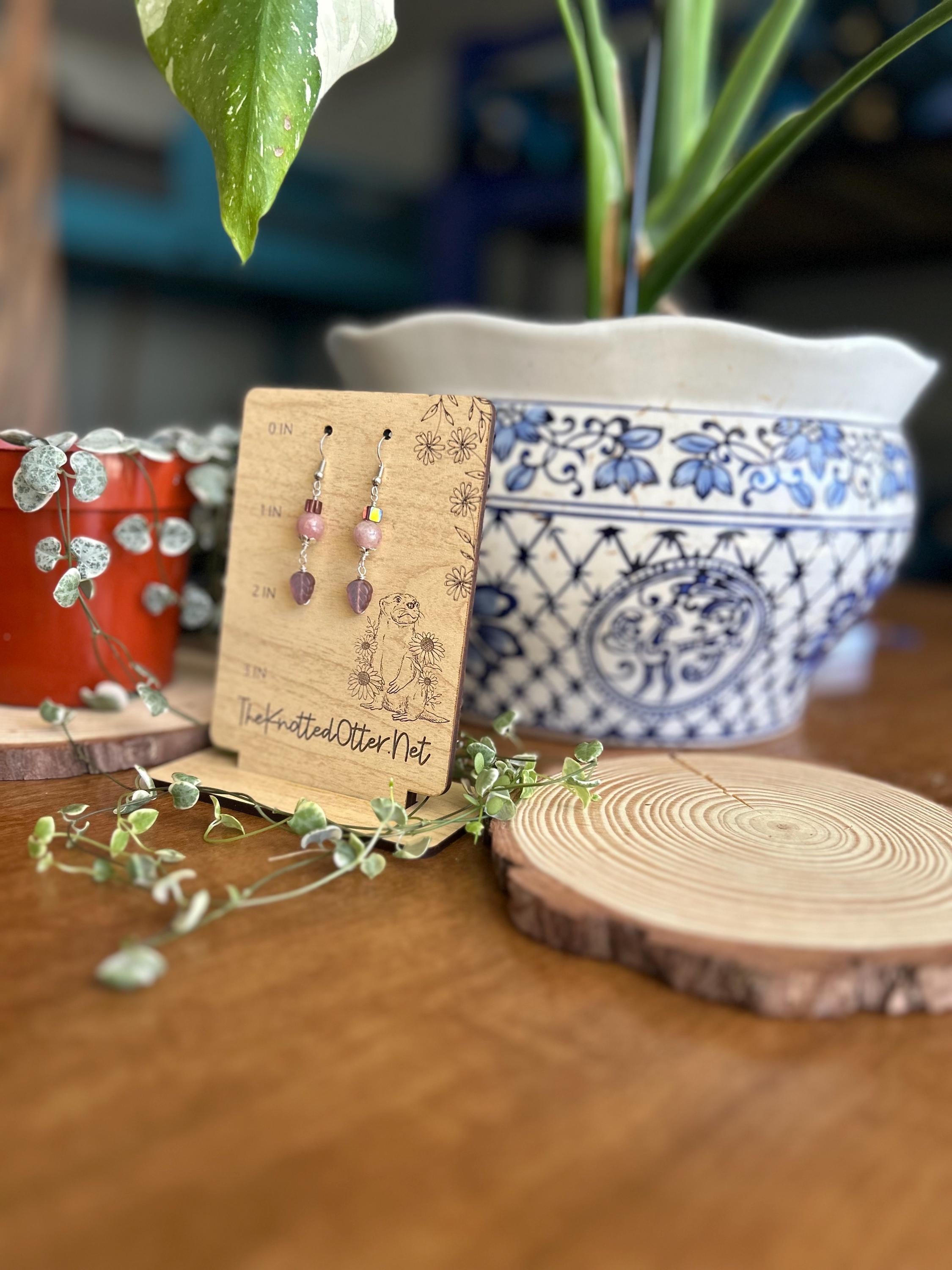 Leaf Dangle Earrings | Sun Stone Wire Wrapped Beads | Czech Glass Dangle Earrings