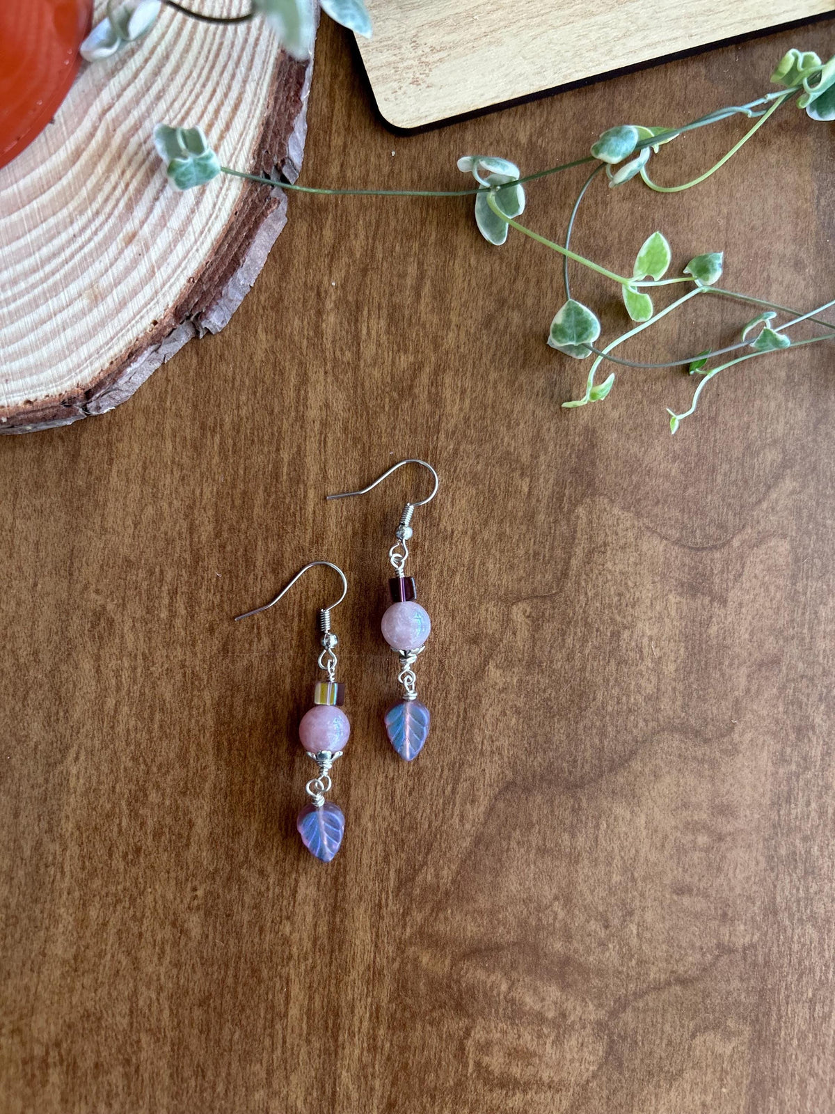 Leaf Dangle Earrings | Sun Stone Wire Wrapped Beads | Czech Glass Dangle Earrings